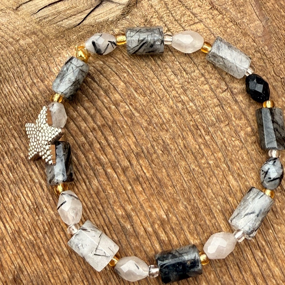 Elegant Star Charm Bracelet with Black  Tourmalinated Quartz and Gold Accents